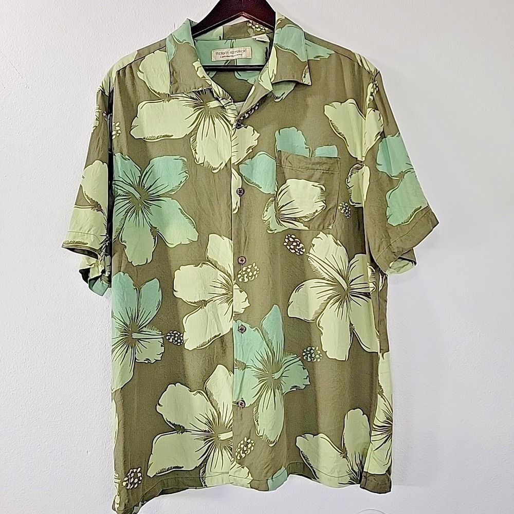Island Republic Men's 2XL 100% Silk Hawaiian Shirt Green Floral Button Up